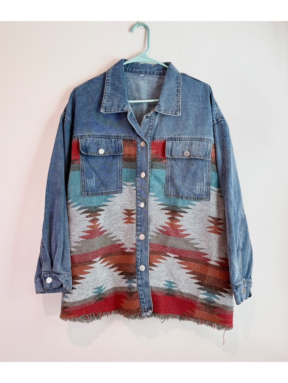 Vintage Style Denim and Rustic Patterned Shacket Women’s Large